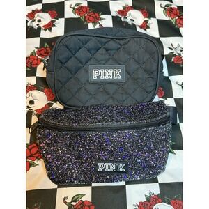 PINK Victoria's Secret Fanny Pack Lot Black Quilted & Purple Glitter‎ Waist Bag